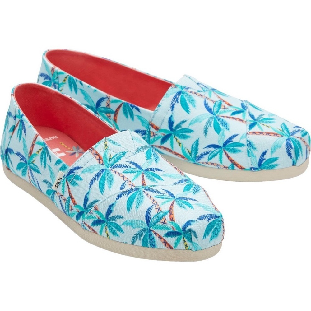 Toms Palm-Print Canvas Slip-Ons in Aqua with Coral Lining